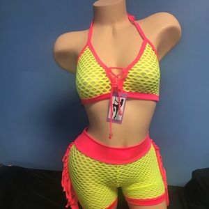Neon yellow & coral fishnet shorts w fringes